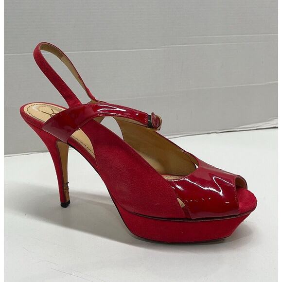 Authentic Yves Saint Laurent Red Platform Slingback Patent Suede Heels Size 39.5 - Picture 9 of 10
